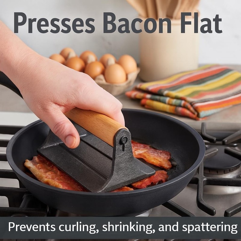 Cast Iron Bacon Press Heavy Duty Rectangular With Wooden Handle Kitchen Tool gallery