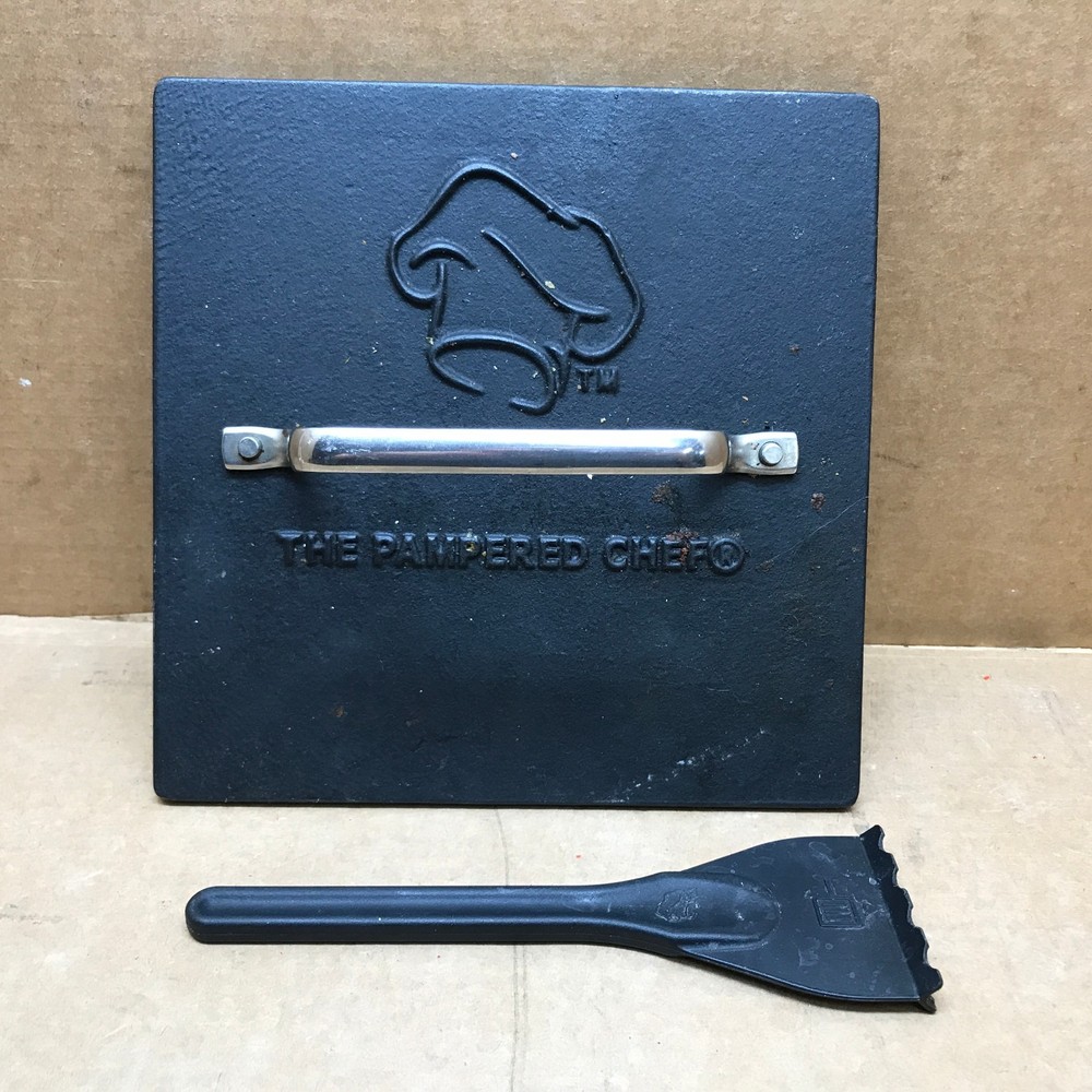 Pampered Chef 8.5" Cast Iron Grill Press and Cleaning Tool