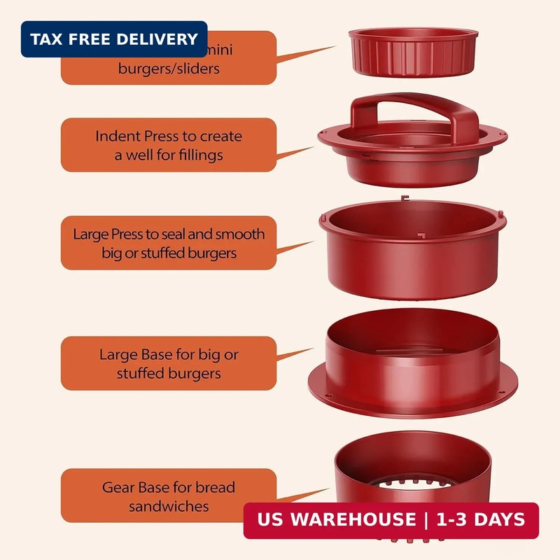 Burger Press Patty Maker 4 in 1 Stuffed Slider Sandwich Cutter 100 Wax Discs Red gallery