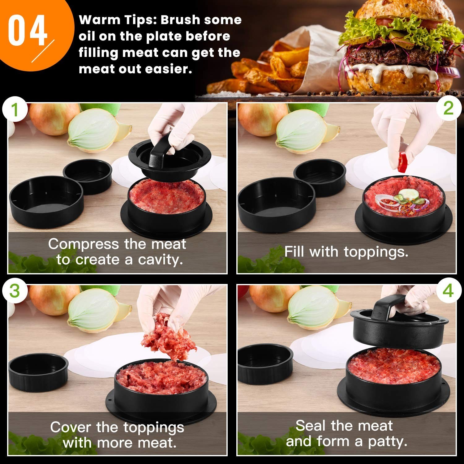 Nuovoware 3 in 1 Burger Press, Hamburger Press Patty Stuffed Burger Maker gallery