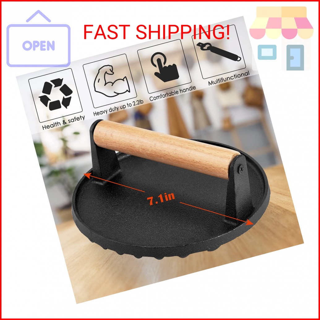 HaSteeL Single Cast Iron Grill Press, Heavy Duty 7In Bacon Burger Press with Woo gallery