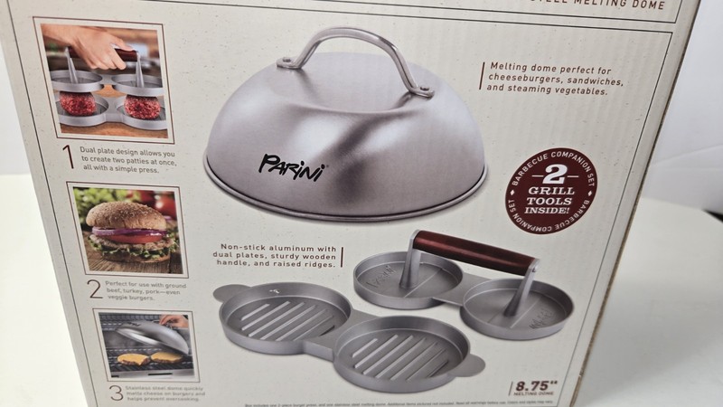 Parini Double Burger Press & Cheese Melting Dome Set Nonstick Grill BBQ Tool NEW gallery