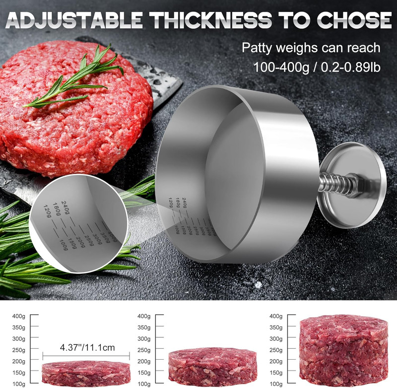 Burger Press, Adjustable Hamburger Prees Patty Maker 4.52" - Non-Stick Mold and gallery