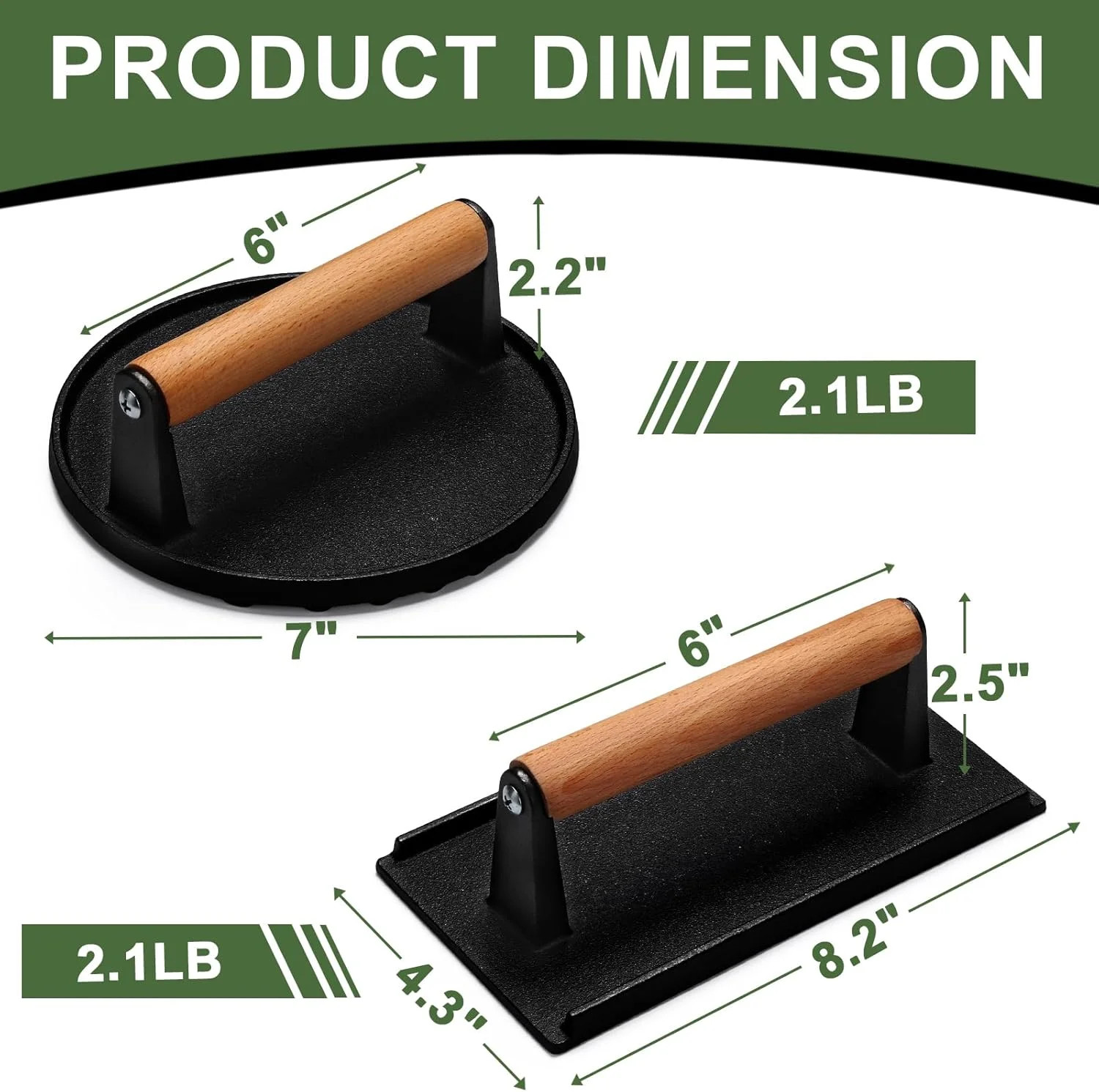 Burger Press, 7" Round & 8.2"X4.3" Rectangle Heavy-Duty Cast Iron Smash Bacon Pr gallery
