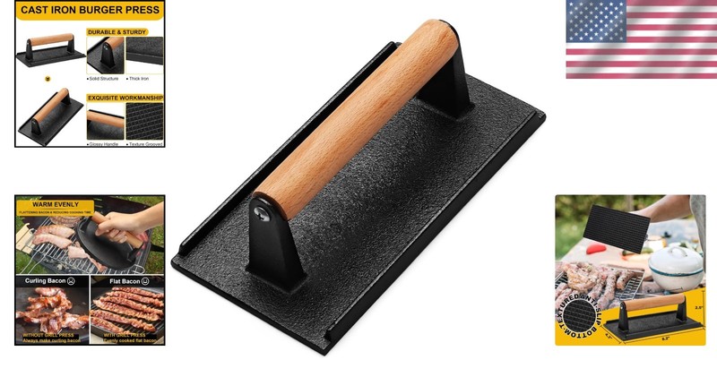Food-Grade Cast Iron Grill Press with Ergonomic Wood Handle - 8.2x4.2 Inches gallery
