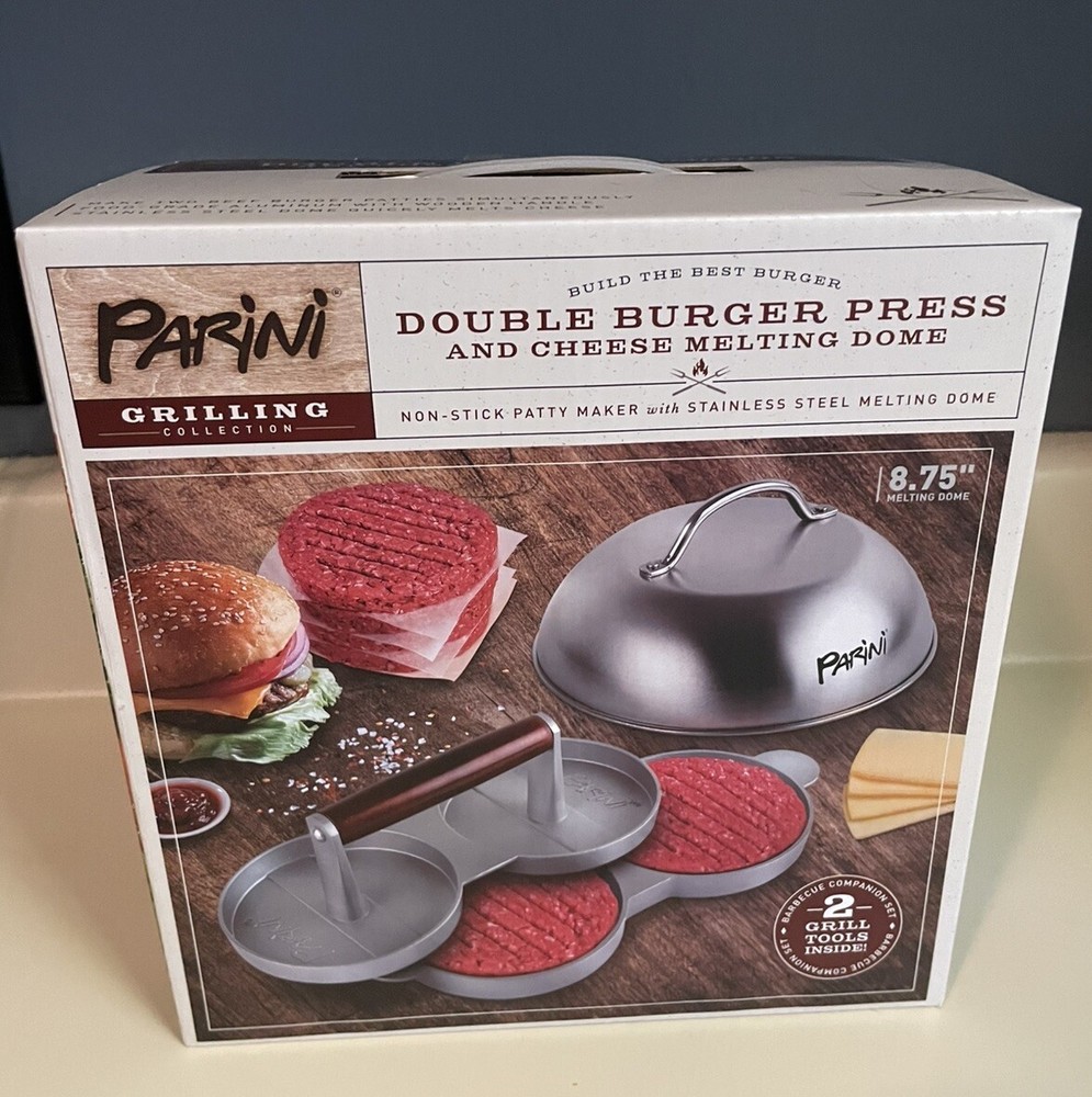 Parini Double Non-Stick Burger Press & Cheese Melting Dome 8.75" NIB