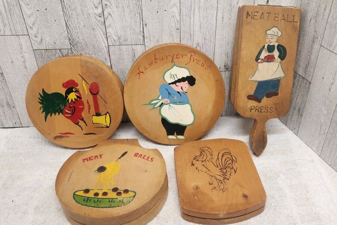 Lot Of 5 Vintage Wooden Hamburger & meatball Presses gallery