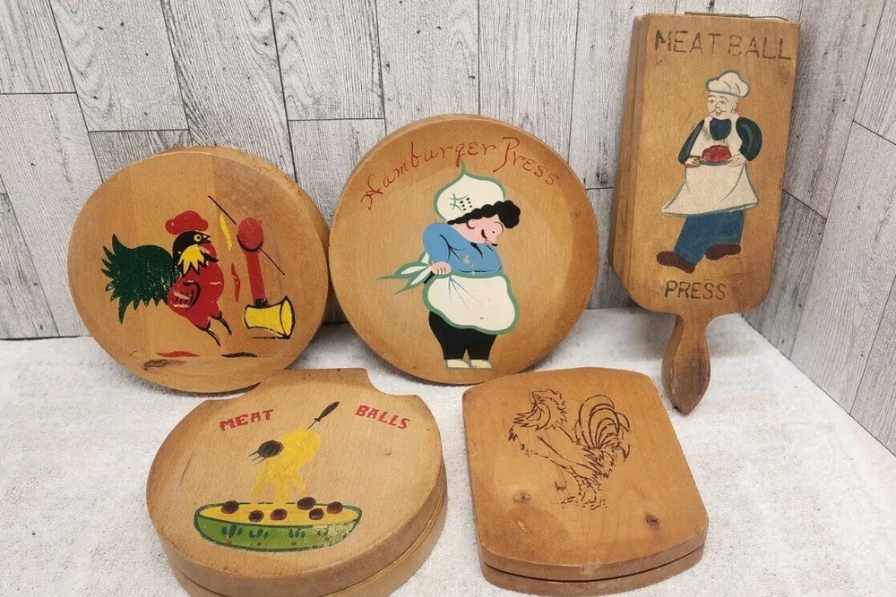 Lot Of 5 Vintage Wooden Hamburger & meatball Presses