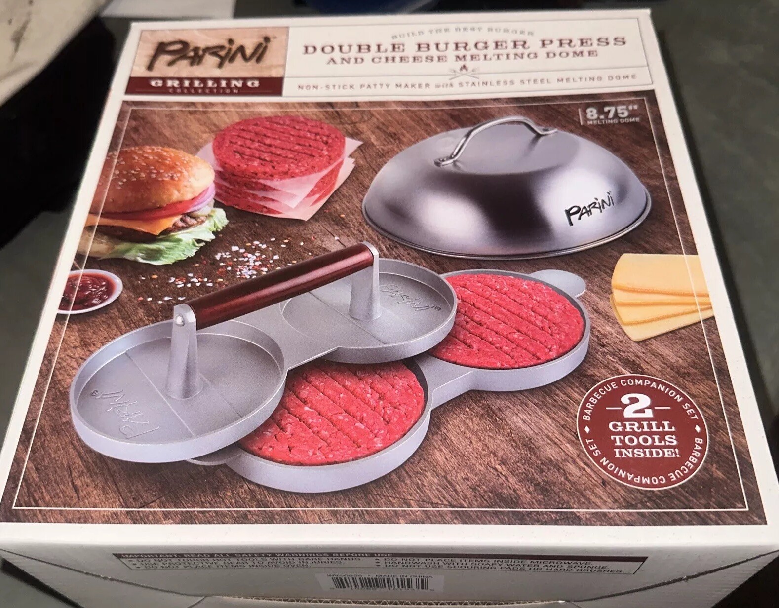 Parini Double Non-Stick Burger Press & Cheese Melting Dome 8.75" NIB. +2 Tools. gallery