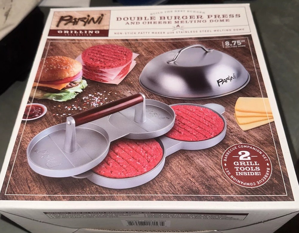 Parini Double Non-Stick Burger Press & Cheese Melting Dome 8.75" NIB. +2 Tools.
