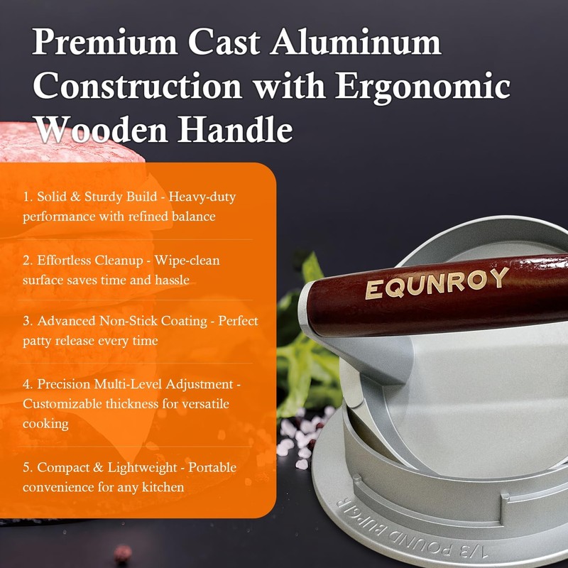 EQUNROY Hamburger Press Patty Maker, 3-in-1 Adjustable Burger Shaper silver gallery