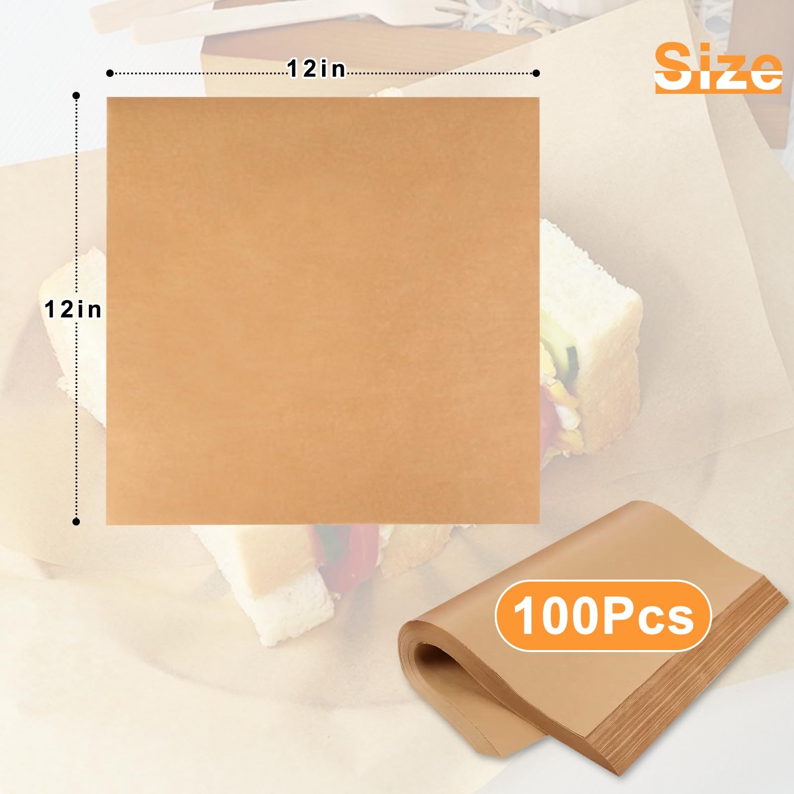 100 Count Pre-Cut Deli Wax Paper Sheets, 12x12" Natural 12 X 12 Inches, Kraft gallery