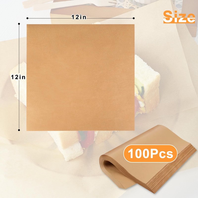 100 Count Pre-Cut Deli Wax Paper Sheets, 12x12" Natural 12 X 12 Inches, Kraft gallery