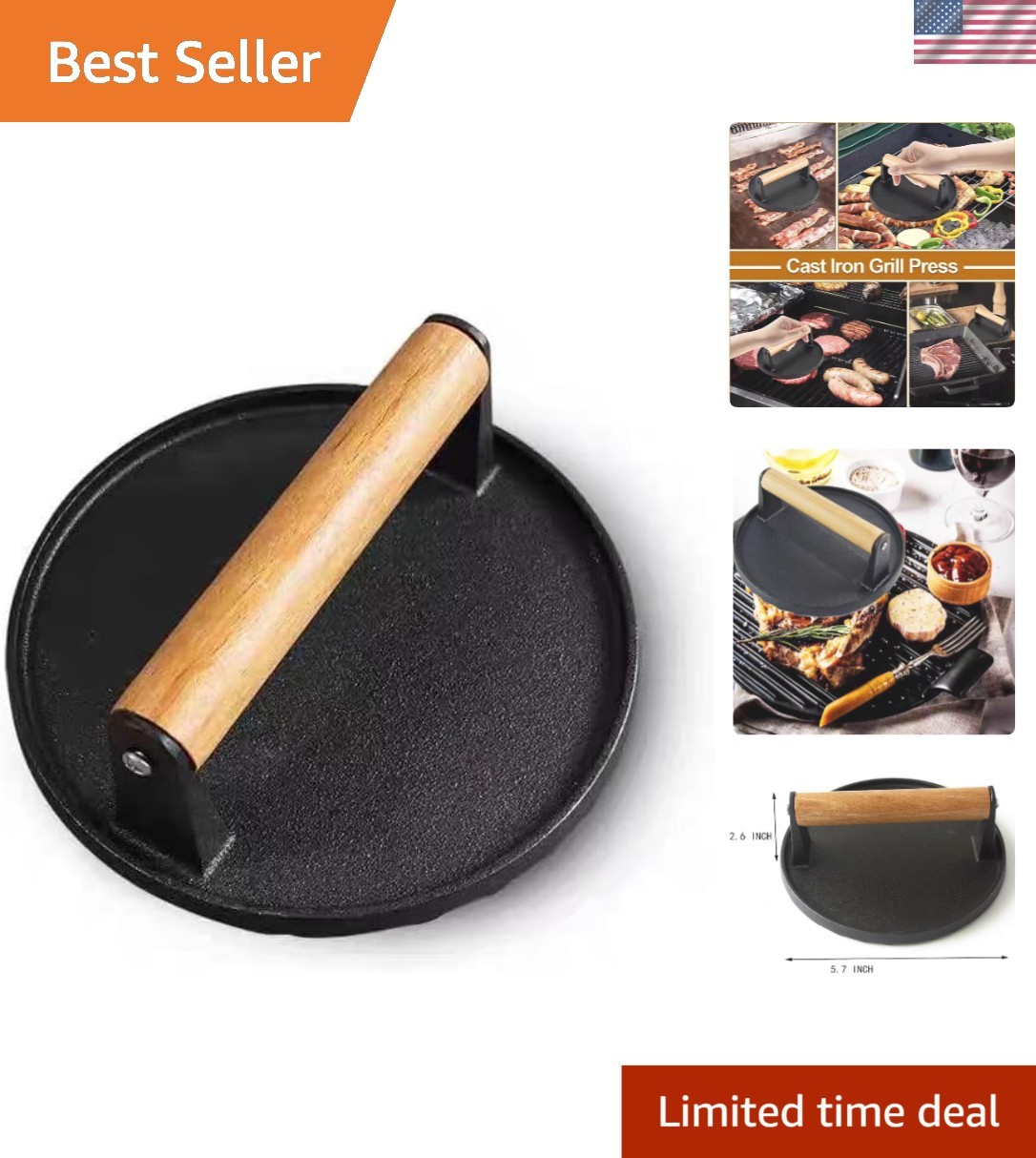 Round Cast Iron Grill Press - Ideal Tool for Cooking Perfect Smash Burgers gallery