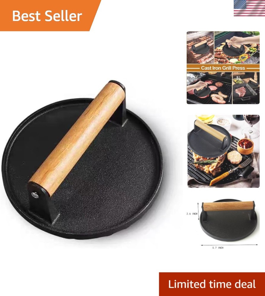 Round Cast Iron Grill Press - Ideal Tool for Cooking Perfect Smash Burgers