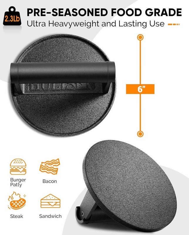 Cast Iron Burger Press 6" Heavy Duty Grill Smasher 2.3lb gallery