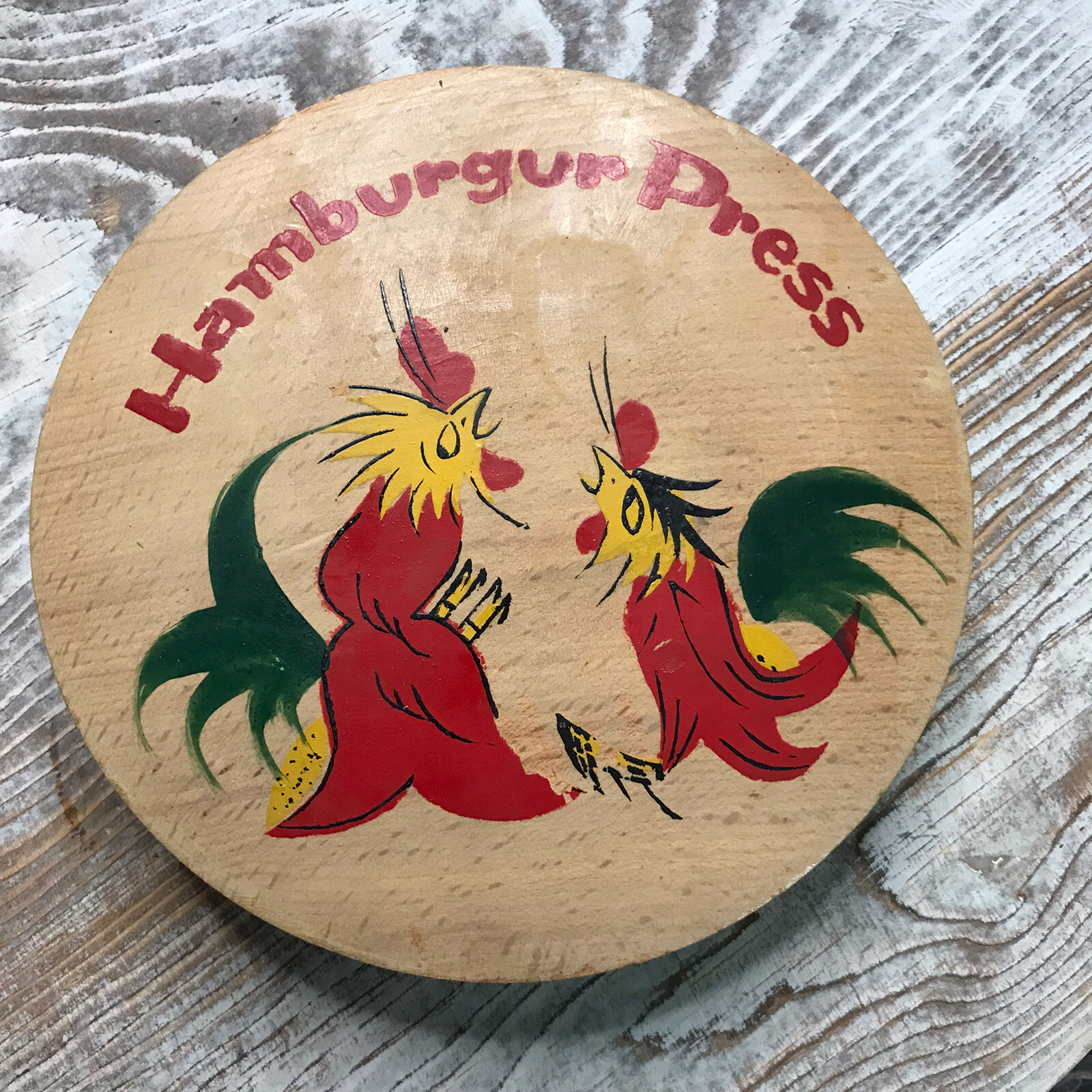 Vintage Wooden Hamburger Press Hinged Roosters/Chickens/Fowl Marked Japan gallery