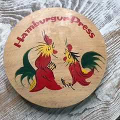 Vintage Wooden Hamburger Press Hinged Roosters/Chickens/Fowl Marked Japan