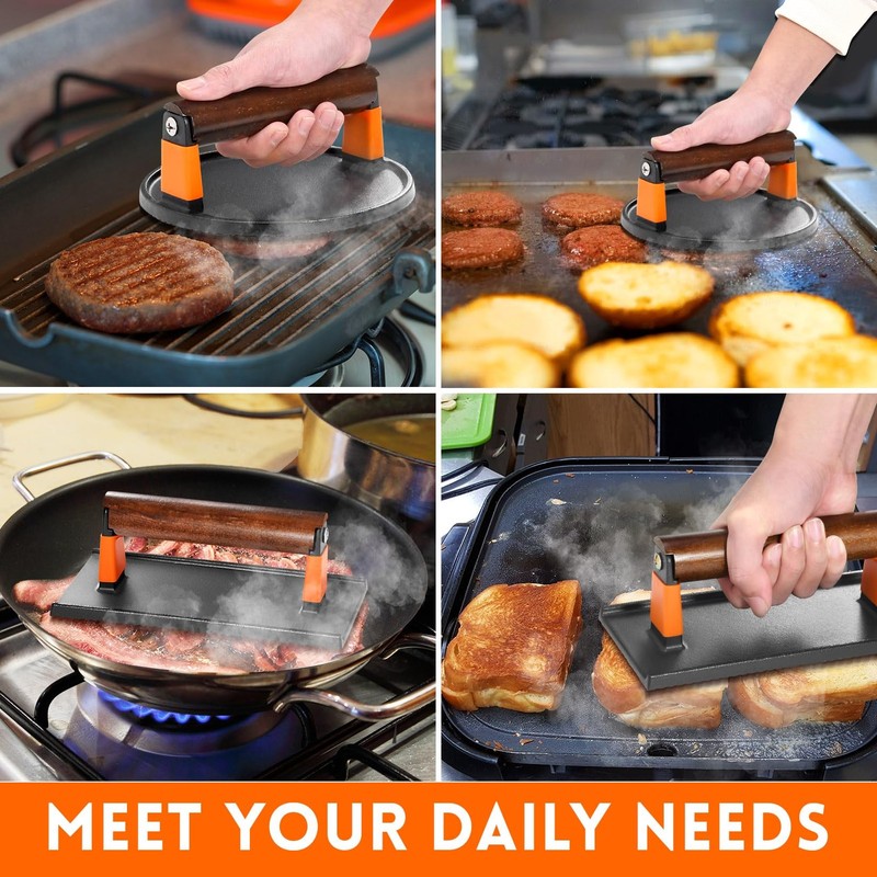 Cast Iron Burger Press Kit 7"Round and 8"x4"Rectangle Smash Set for Grill gallery