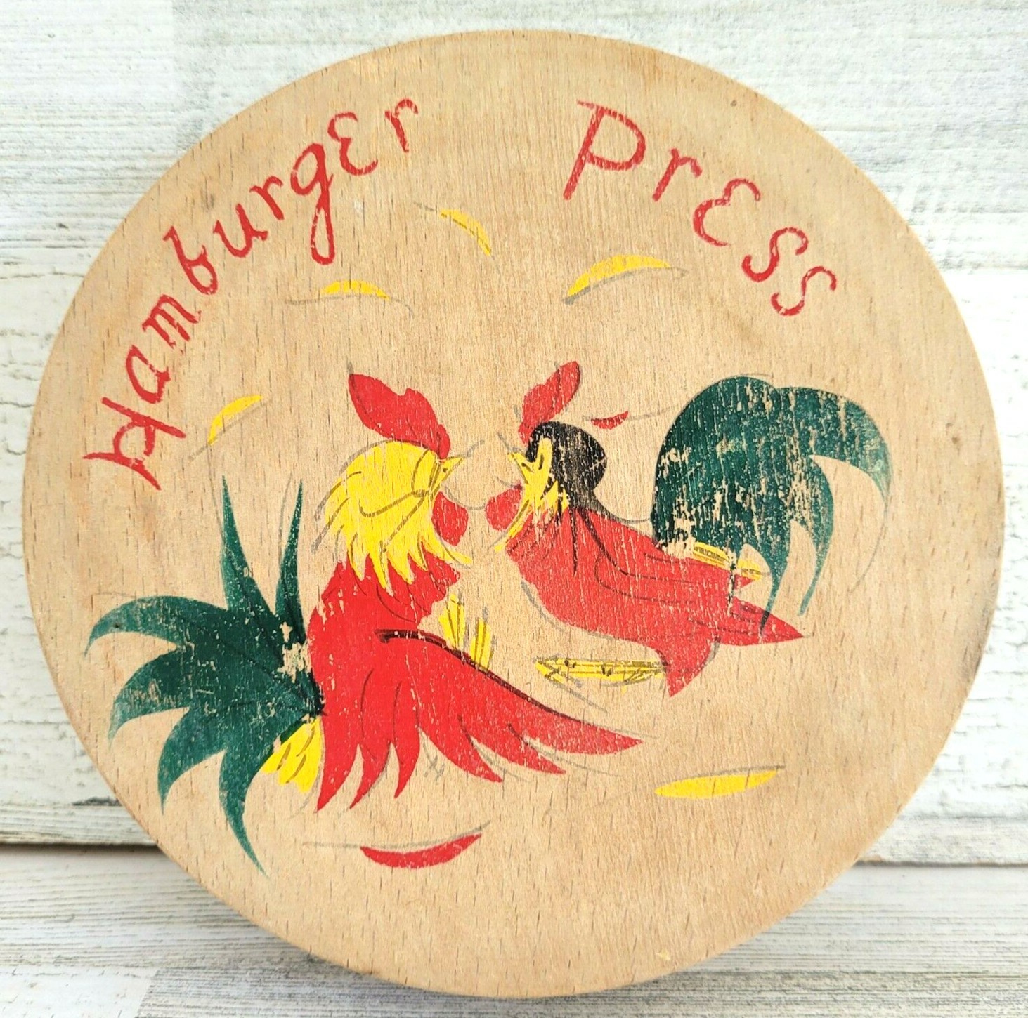 Wood Hinged Hamburger Press Hand Painted Fighting Roosters Vintage Japan 1950s gallery
