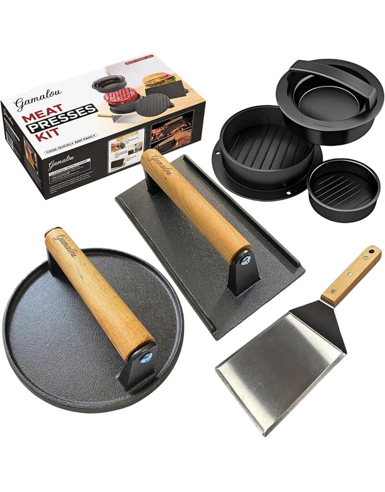 Smashed Burger Press BBQ Kit: 7" Black Round & 8.2x4.3 Rectangle Cast Iron Bacon