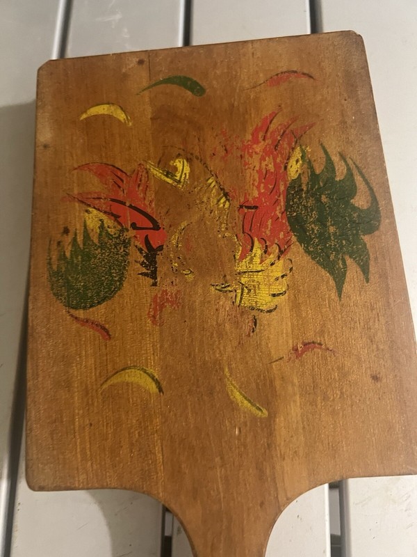 Country Vintage Wood Hamburger Press, With Handle Hand Painted Roosters gallery