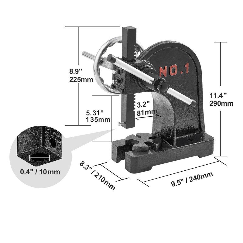 Arbor Press, 1 Ton Manual Arbor Press with Handwheel, 5.9" Maximum Height, Cast gallery