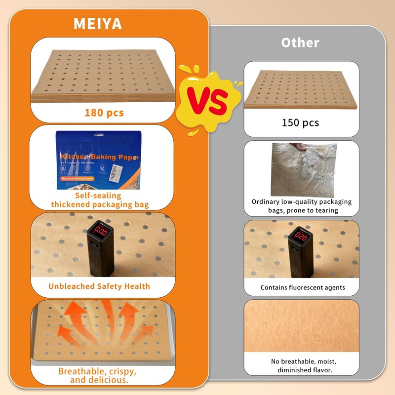 MEIYA Air Fryer Liners Disposable, 180Pcs Parchment Paper Sheets Large, Brown gallery