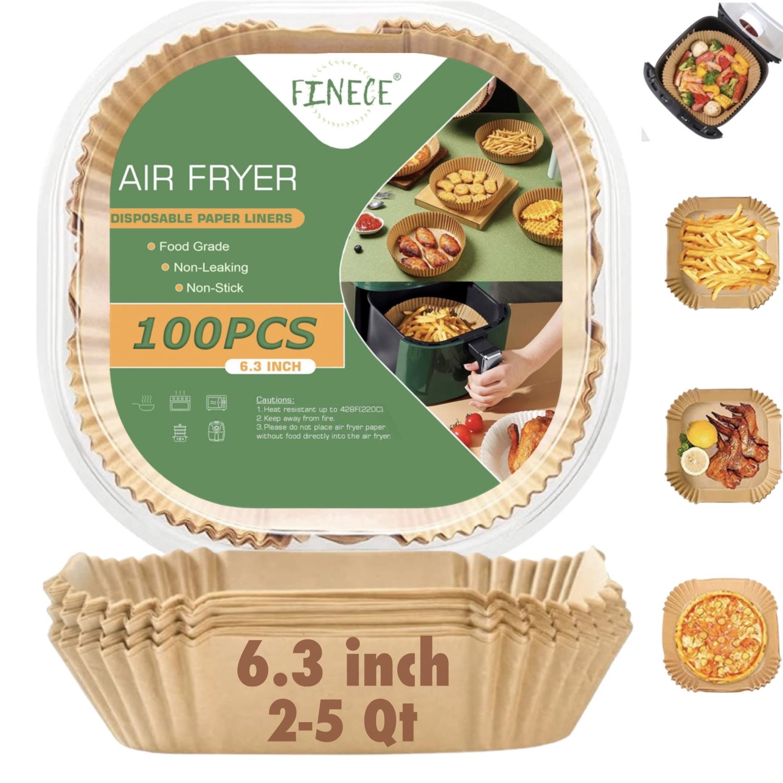 FINECE Air Fryer Liners Square, 100PCS for 2 to 5 Qt Square 6.3 in, Natural gallery