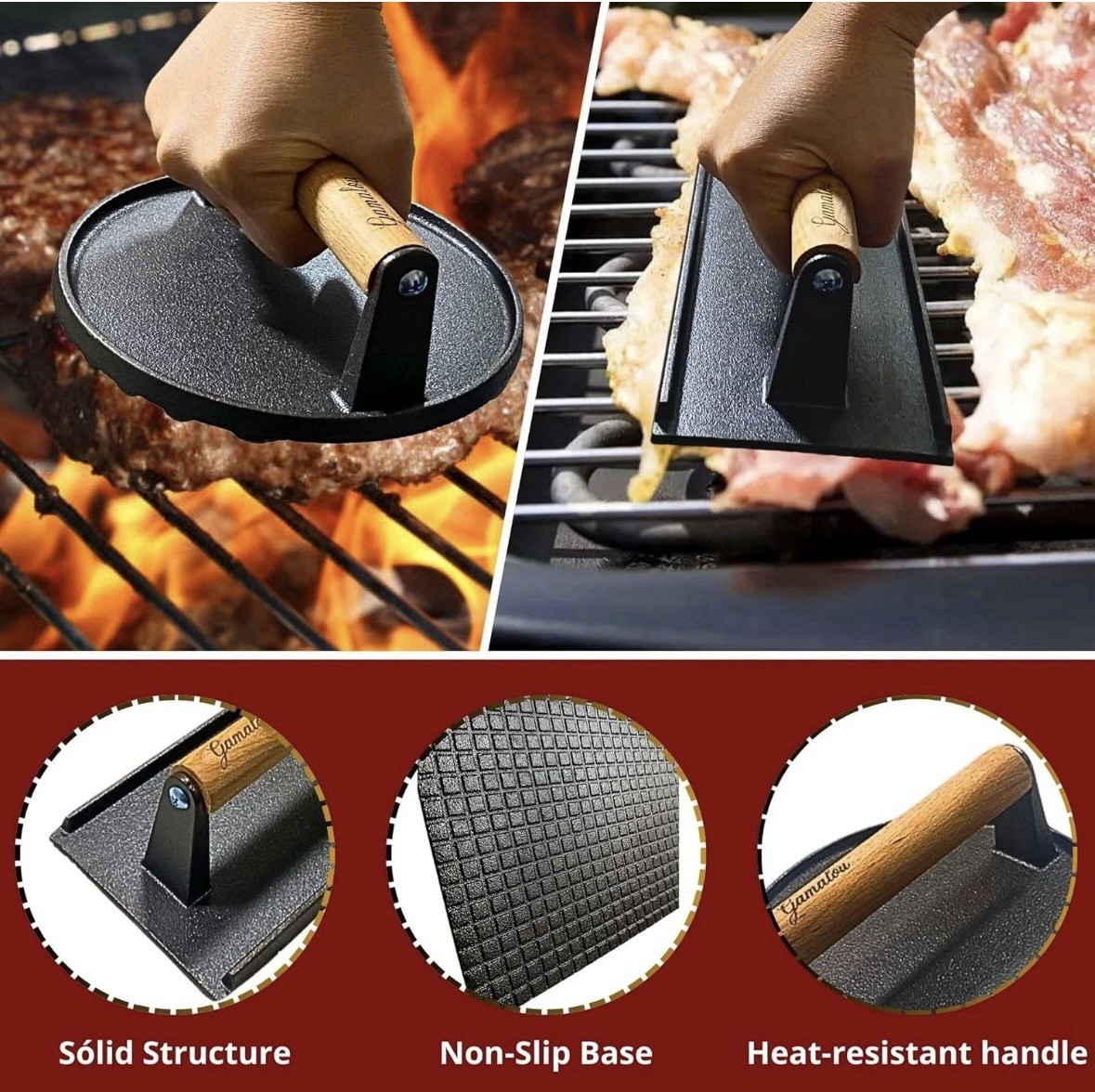 Smashed Burger Press BBQ Kit: 7" Black Round & 8.2x4.3 Rectangle Cast Iron Bacon gallery