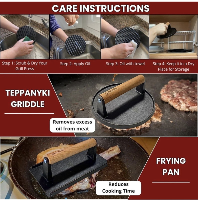 Smashed Burger Press BBQ Kit: 7" Black Round & 8.2x4.3 Rectangle Cast Iron Bacon gallery