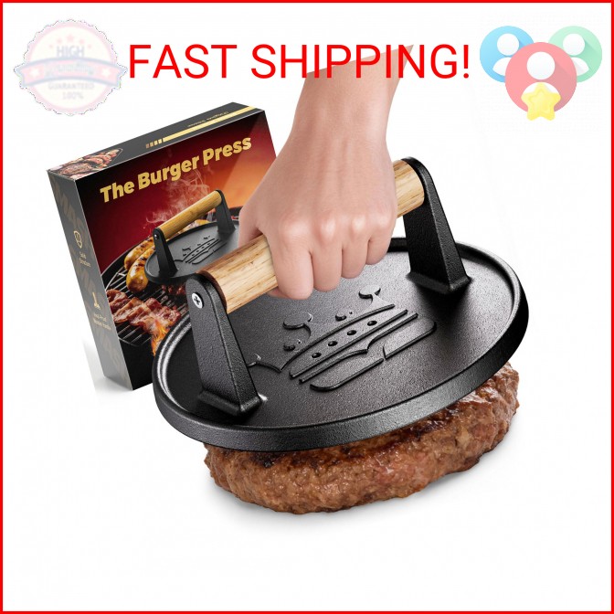 Smash Burger Press 6.5”,Cast Iron Flat Round Edge Grill/Bacon/Meat/Hamburger/Che gallery