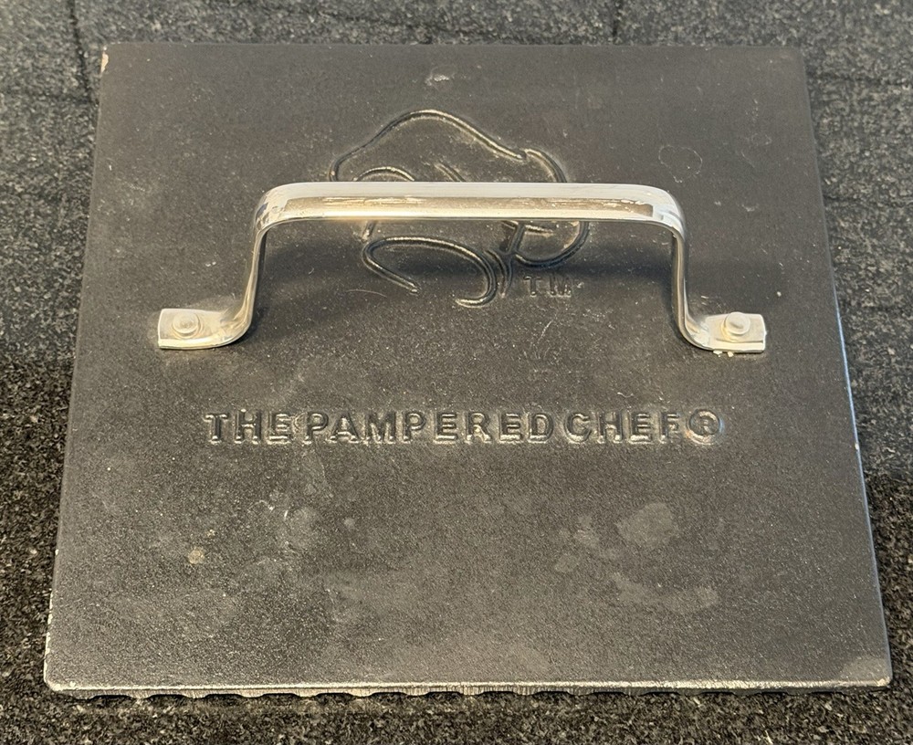 Pampered Chef Cast Iron Grill Press 8.5 In Heavy Logo Handle