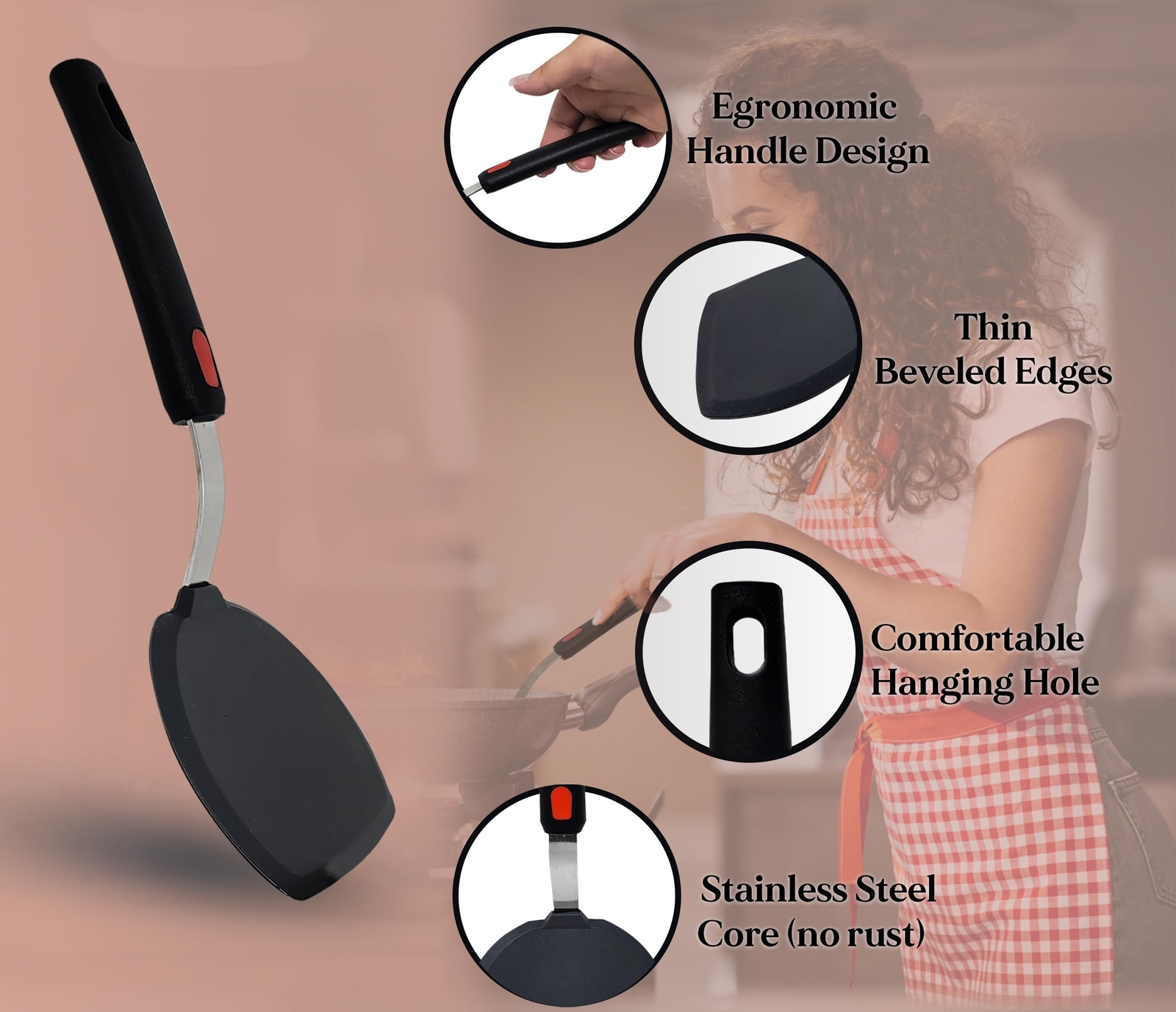 Silicone Pancake Spatula | Wide Beveled Edge Flipper with Stainless Steel Cur... gallery