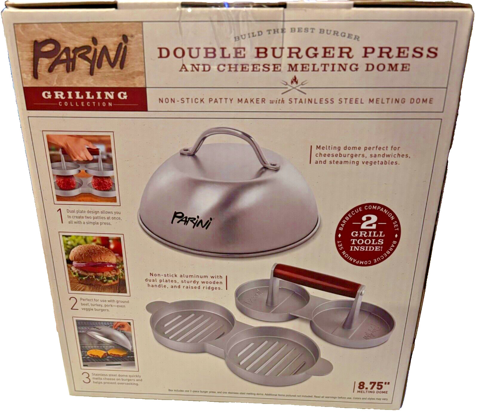 Parini Double Non-Stick Burger Press & Cheese Melting Dome 8.75" NIB gallery