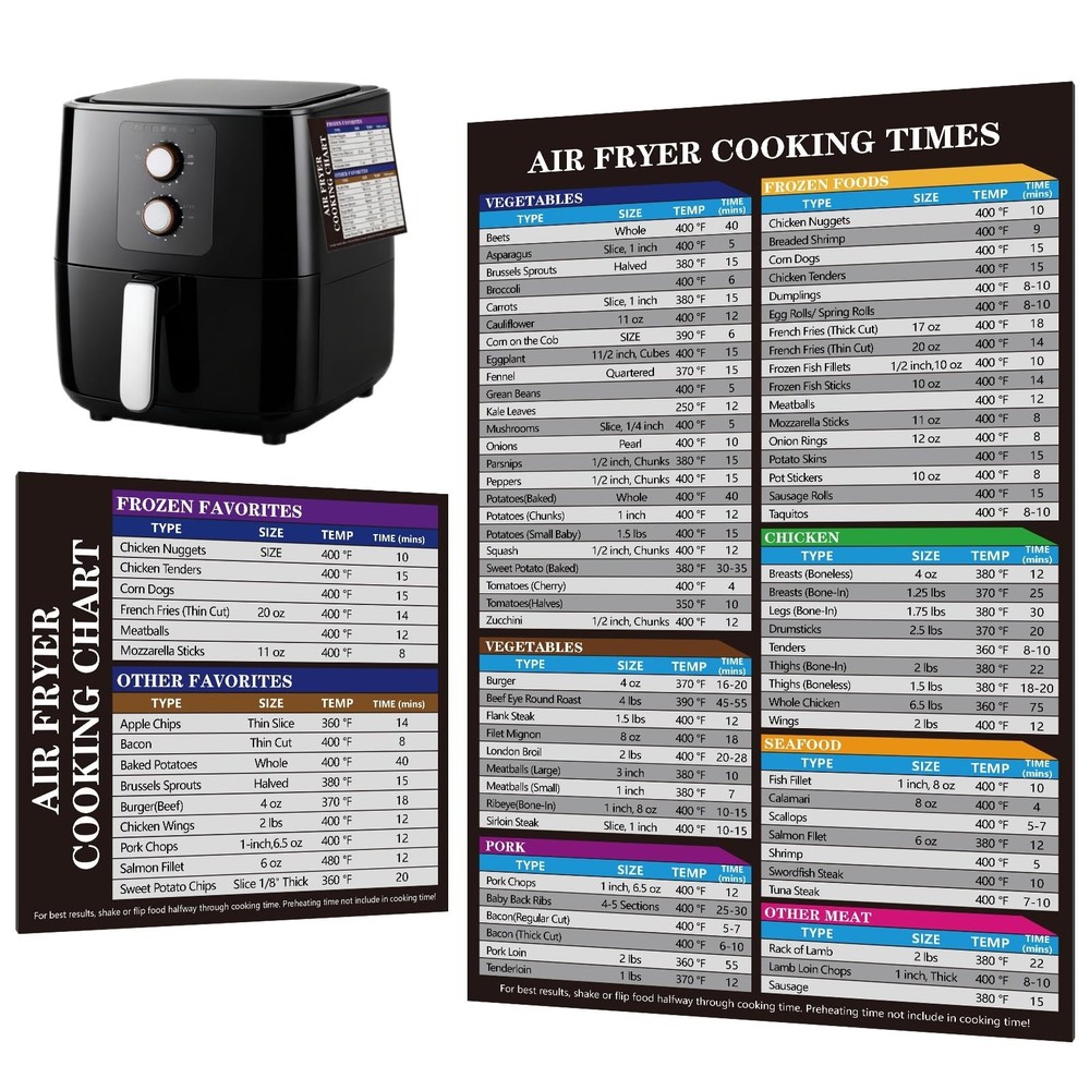 Air Fryer Cooking Times Magnetic Chart - 2-Piece Chart, Black