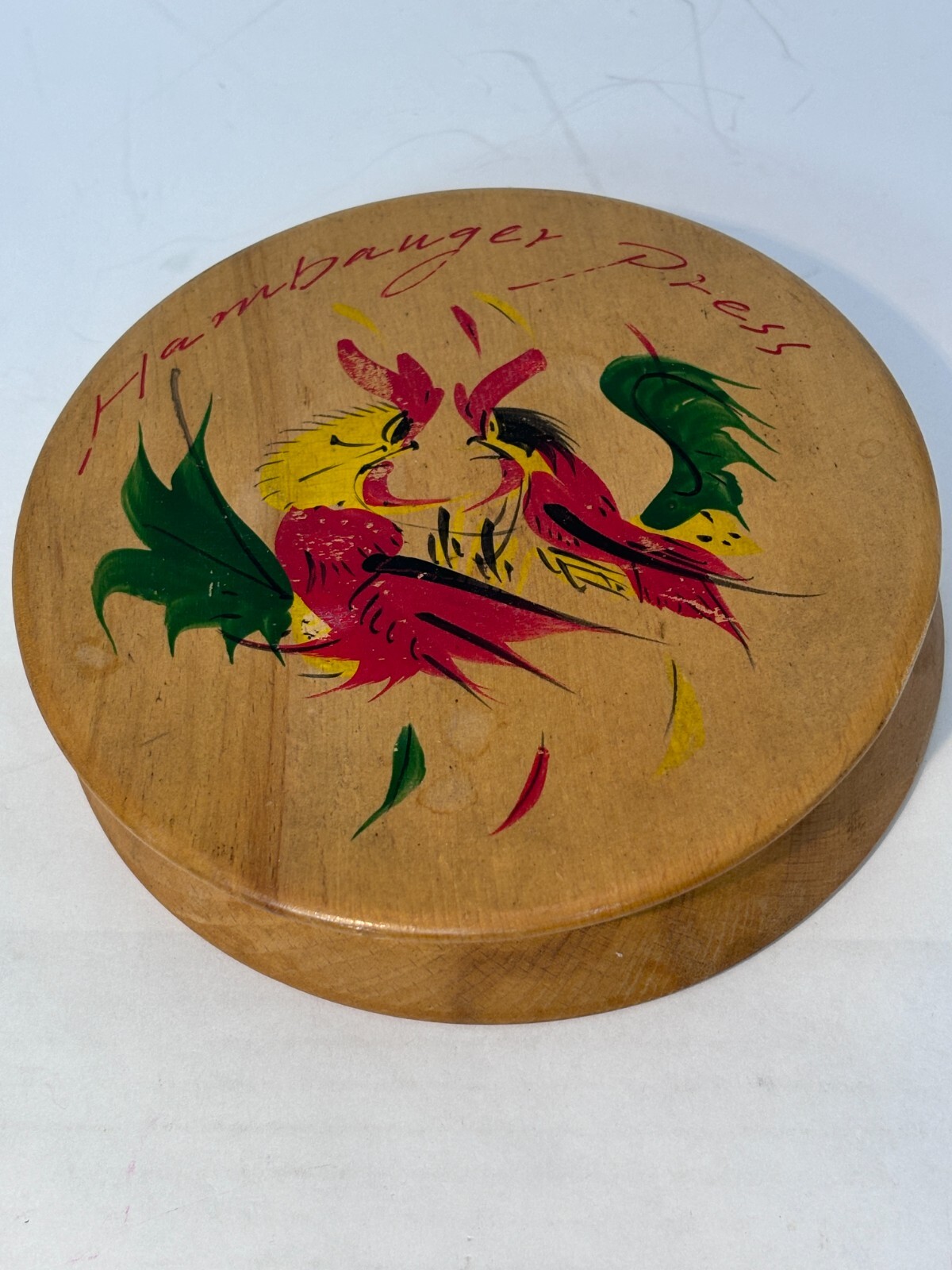 Vintage MCM Wooden Hamburger Press Roosters Fighting Hand Painted Unbranded 5.5" gallery