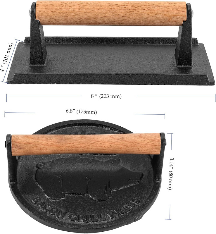2 Pack Black Cast Iron Grill Press, 7 x7 Inch Round and 8 x 4 Inch Rectangle Hea gallery