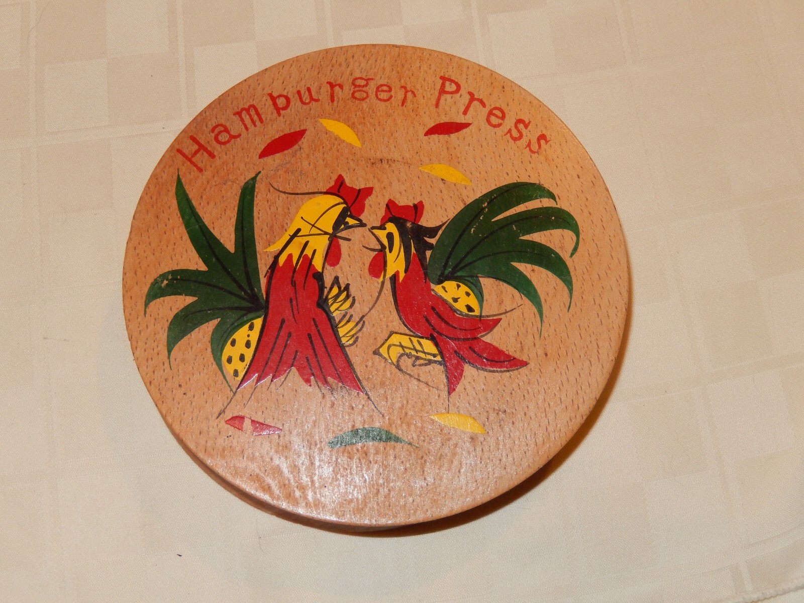 Vintage Wood Roosters Hamburger Press gallery