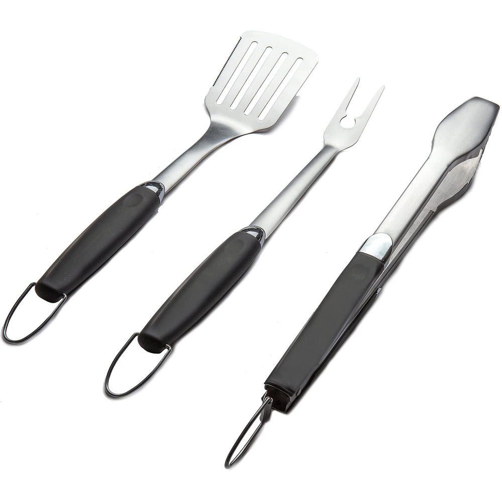 3 Piece Stainless Steel BBQ Grill Tool Set w/Tongs, Spatula & Fork - Accessor...