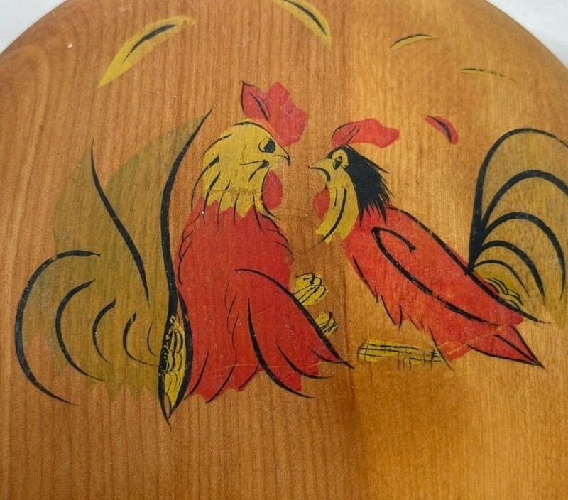Vintage Wooden Hamburger Press Two Fighting Roosters Chickens Multi Color 5.5"W gallery