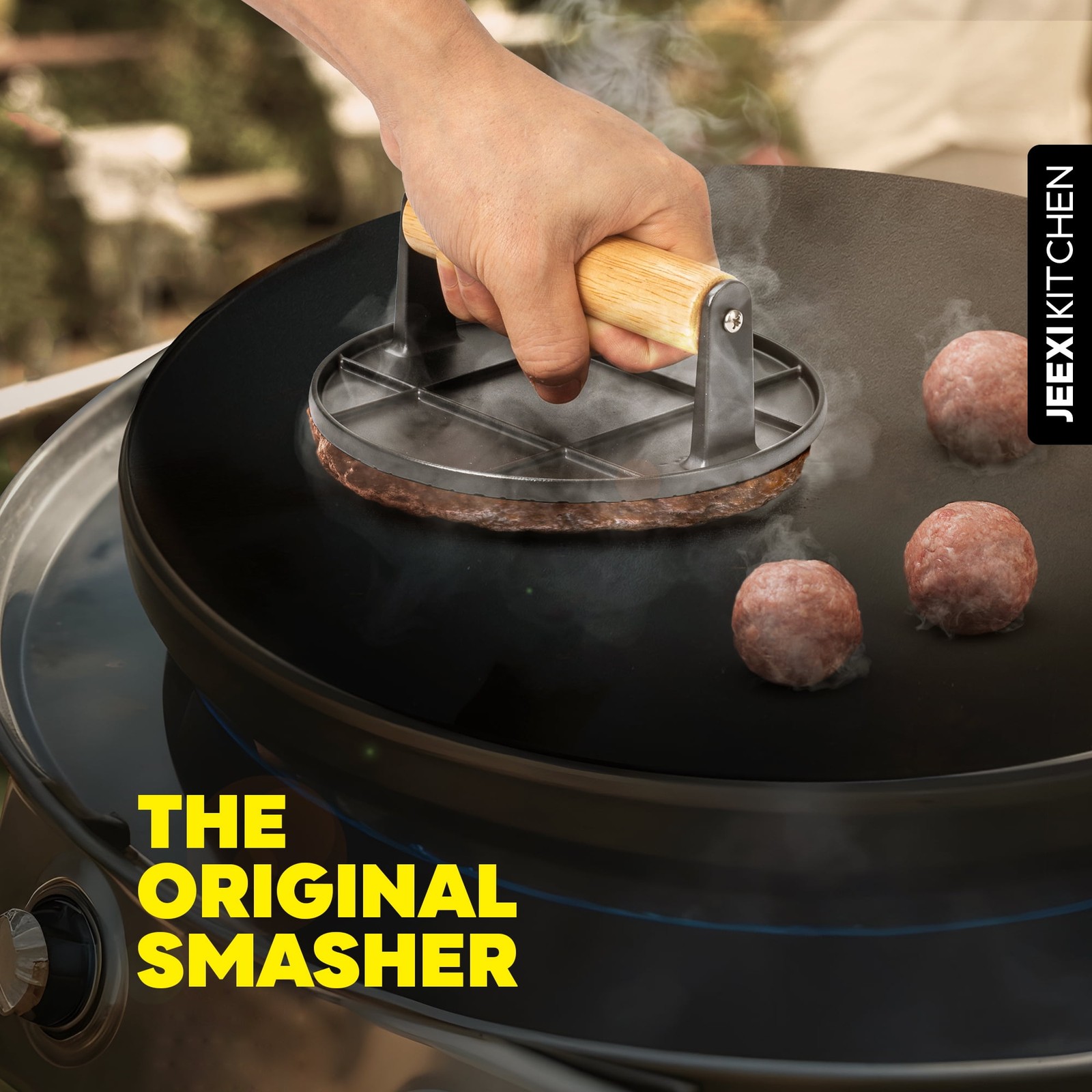 Premium Grill Press with Wooden Handle Burger Bacon Smasher Non Stick for BBQ gallery