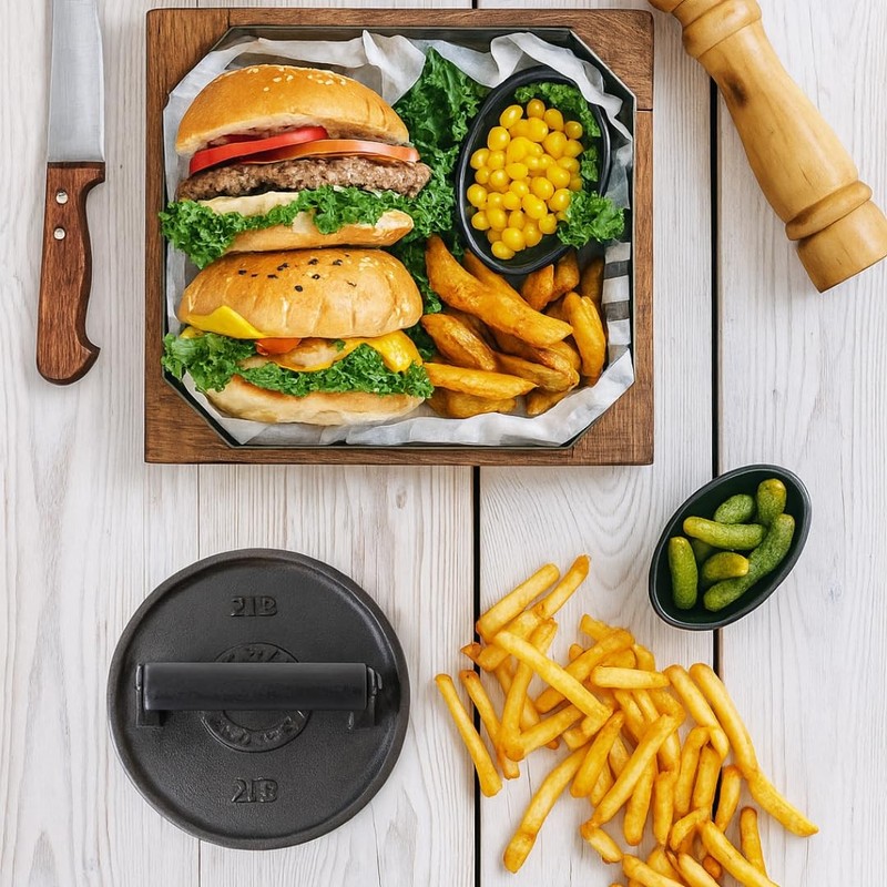 Barbell Plate Design Cast Iron Burger Press 6.5"Round Heavy-Duty Smash gallery