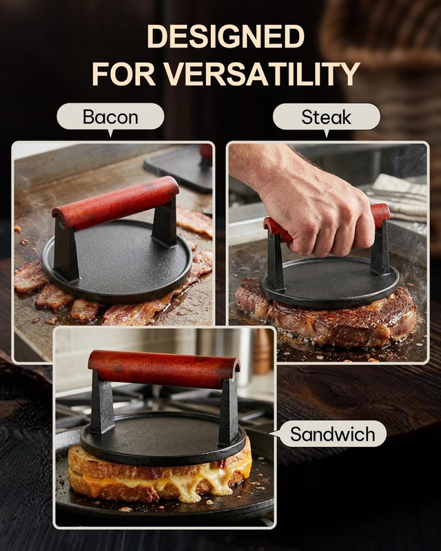 6 Inch Cast Iron Smash Burger Press Extended Wood Handle Round Flat Edge Grill gallery
