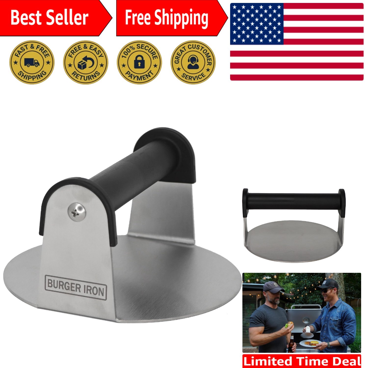 Professional 6" Round Stainless Steel Burger Smasher - Create Crispy Burgers gallery