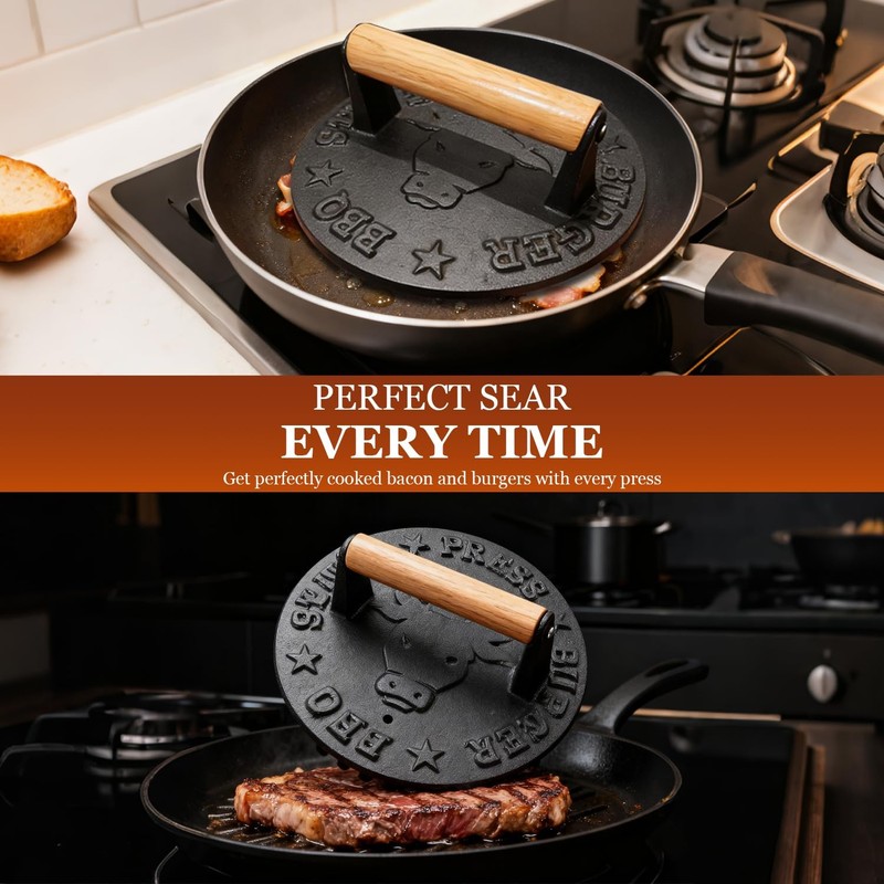 Cast Iron Burger Press 4.1lb Heavy Duty Grill Weight Bacon Press Wood Handle gallery