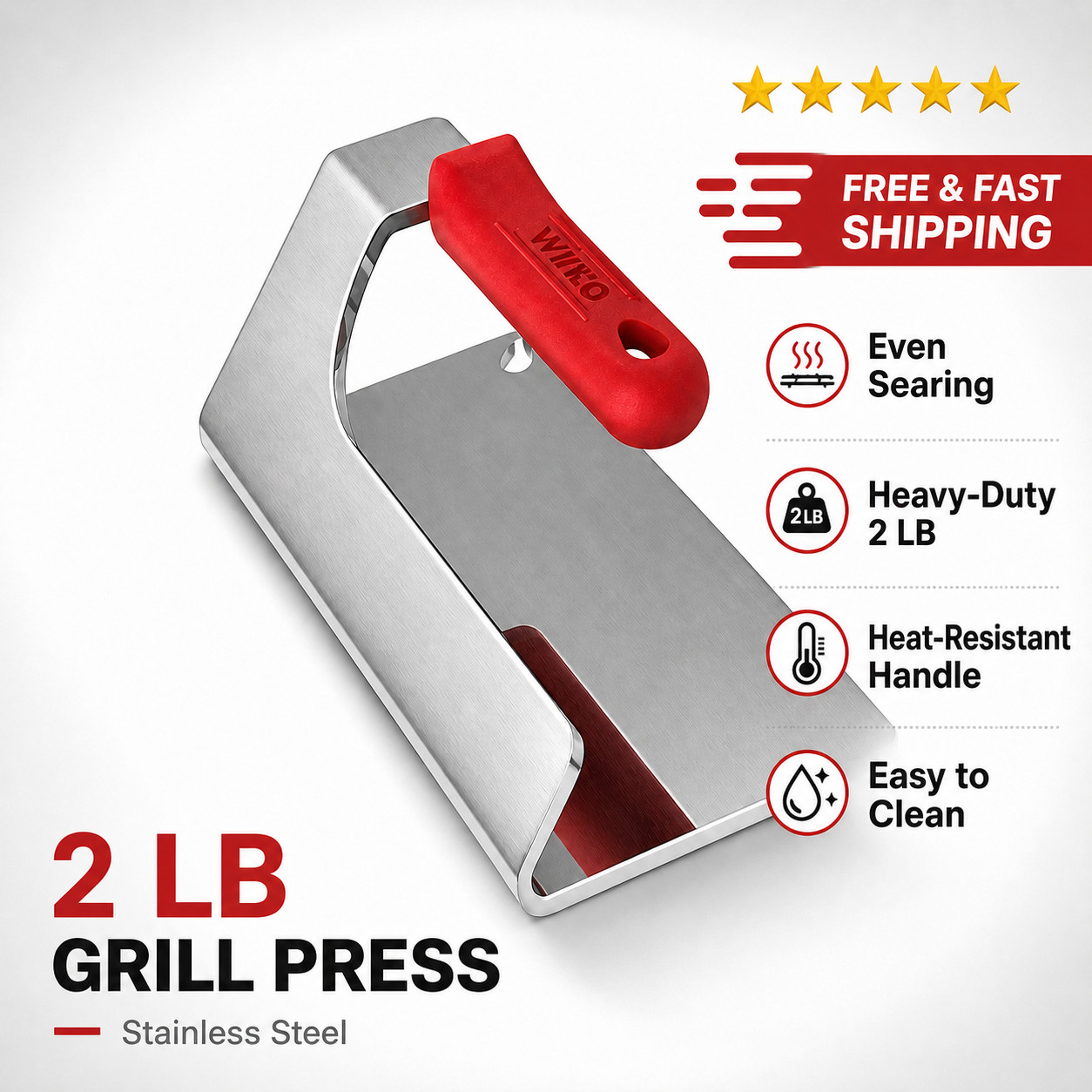 Winco Steak Weight 2 lb Grill Press Stainless Steel Bacon Burger Smasher - Free gallery