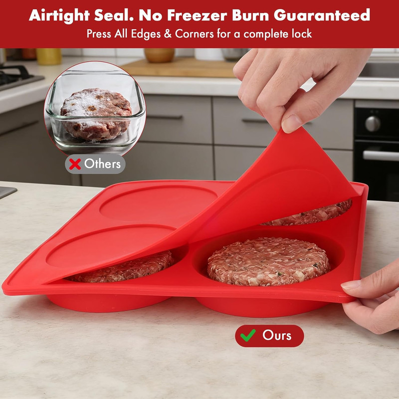 Silicone Burger Patty Maker & Freezer Tray, Grilling Cookware 4-Cavity Mold with gallery