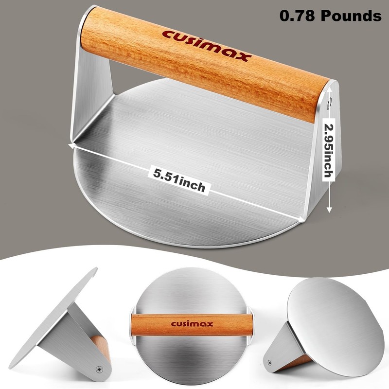 Stainless Steel Burger Press 5.5" Round Smash Burger Press W/ Wood Handle Grill gallery