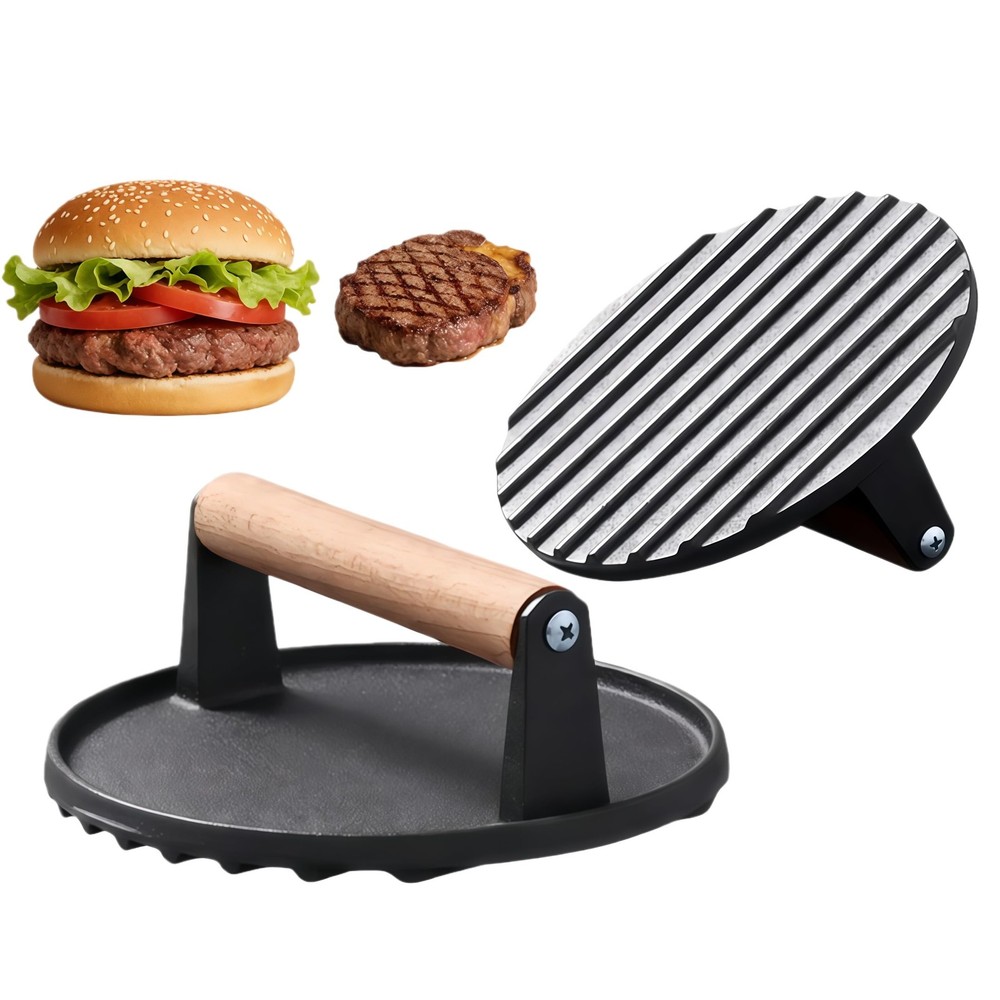 Cast Iron Grill Press 7 Inch Round Smash Burger & Bacon with Wood Handle 2LB